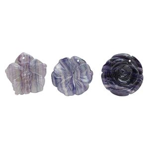 Rainbow fluorite / purple fluorite 1pkg3, top-drilled carved flower drop natural mix 34x29mm-37x36mm