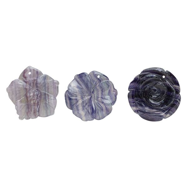 Rainbow fluorite / purple fluorite 1pkg3, top-drilled carved flower drop natural mix 34x29mm-37x36mm image number 0