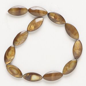 Bead, mother-of-pearl shell (dyed), brown, 17x8mm-18x9mm puffed marquise, Mohs hardness 3-1/2. Sold per 8-inch strand, approximately 10 beads.