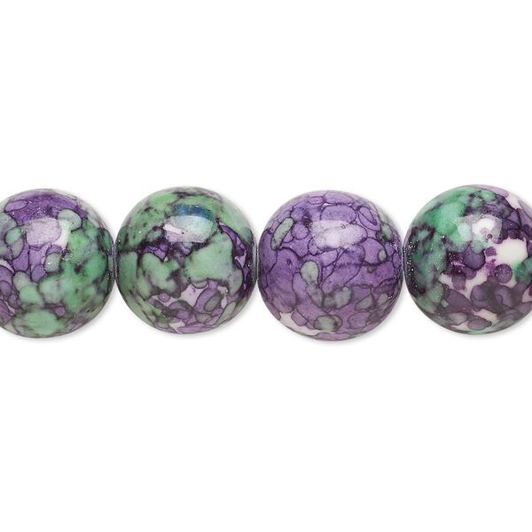 Bead, resin and painted ceramic, purple / green / white, 12mm round. Sold per 15-1/2" to 16" strand. image number 0