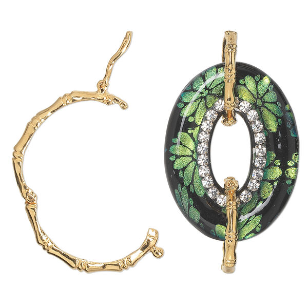 Focal, dichroic glass / Czech rhinestone / gold-finished brass, black / green / blue / clear, 40x30mm single-sided oval donut with flower design and twister clasps. Sold individually. image number 0