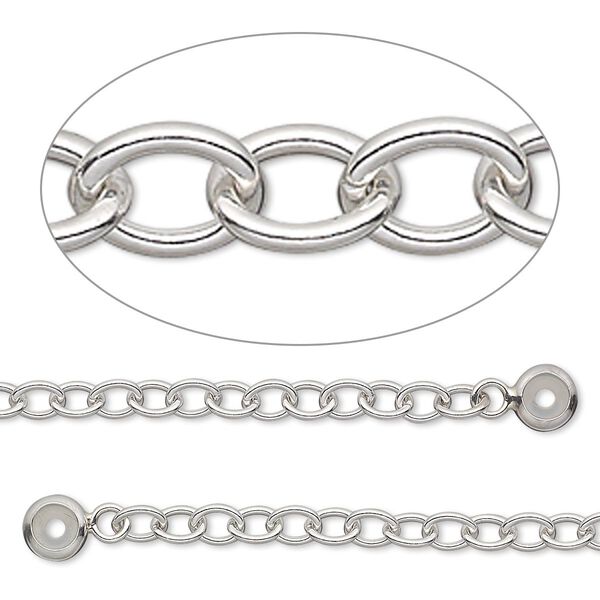 Safety chain, sterling silver and silicone, 4x3mm oval link and 5x2mm rondelle bead keeper with 1.5-2mm hole, 2-1/2 inches. Sold individually. image number 0