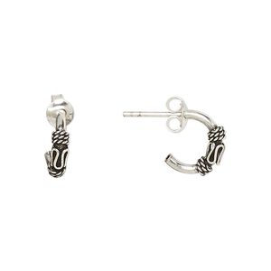 Earstud, Create Compliments®, antiqued sterling silver, 10.5mm half hoop with twisted rope and swirl design. Sold per pair.