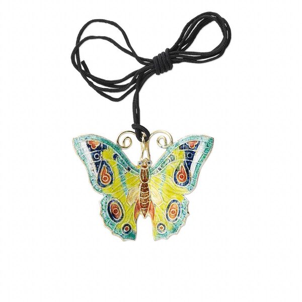 Focal, cloisonné and copper, purple / yellow / green, 49x38mm butterfly on adjustable black cord. Sold individually. image number 0