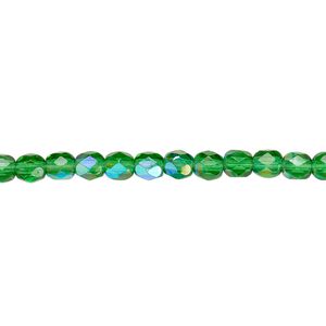 Bead, Czech fire-polished glass, emerald green AB, 4mm faceted round. Sold per 15-1/2" to 16" strand.