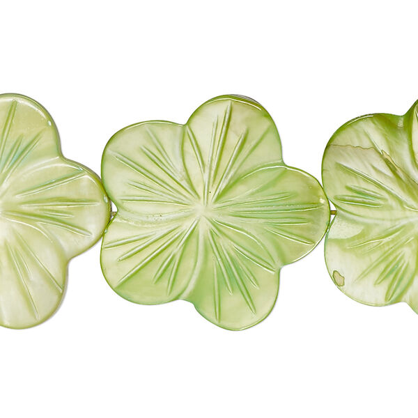 Bead, mother-of-pearl shell (dyed), moss green, 24x23mm-26x25mm carved flat flower with 0.6-0.8mm hole, Mohs hardness 3-1/2. Sold per 15-1/2" to 16" strand. image number 0