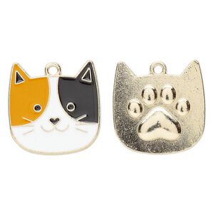 Charm, gold-finished "pewter" (zinc-based alloy) and enamel, white / orange / black, 22.5x22mm two-sided cat face. Sold per pkg of 2.