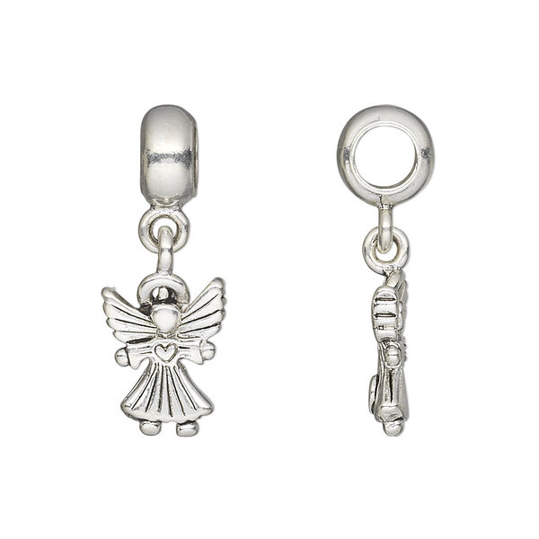 Bead, antique silver-plated pewter (tin-based alloy), 27x10.5mm angel dangling from smooth rondelle. Sold individually. image number 0