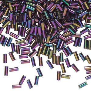 Bugle bead glass 1pk #2 round tube, 50 gram opaque red iris black