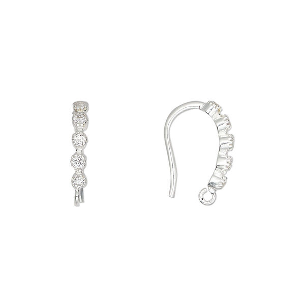 Ear wire, sterling silver and cubic zirconia, clear, 15mm fishhook with open loop, 17 gauge. Sold per pair. image number 0