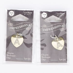 Charm, gold-finished "pewter" (zinc-based alloy) / steel / acrylic rhinestone, clear, 15.5mm single-sided puffed heart with letter "A." Sold per pkg of 2.