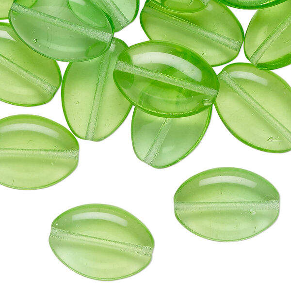 Bead, Czech pressed glass, translucent spring green, 16x11mm-16x12mm puffed oval. Sold per 2-ounce pkg, approximately 40 beads. image number 0
