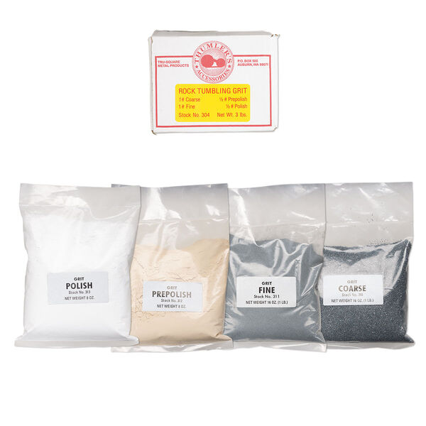 Tumbling abrasive, silicone carbide and aluminum oxide, coarse / fine / pre-polish / polish compound, 3 pounds. Sold per 4-piece set. image number 0