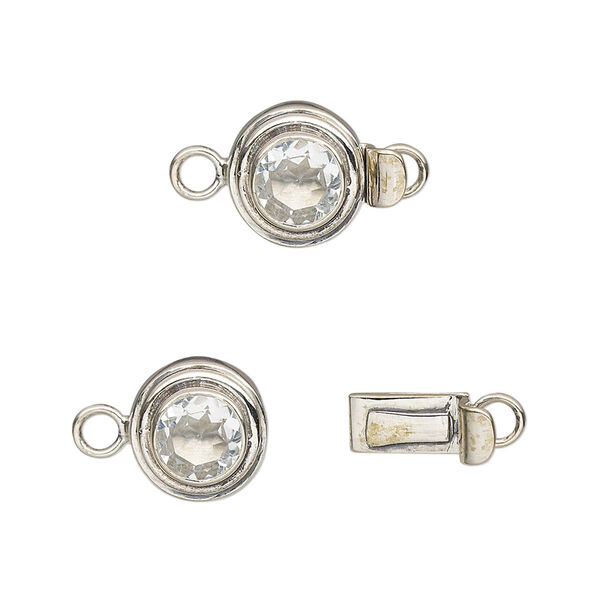 Clasp, tab, white topaz (natural) and sterling silver, 11mm round with 5mm faceted round. Sold individually. image number 0