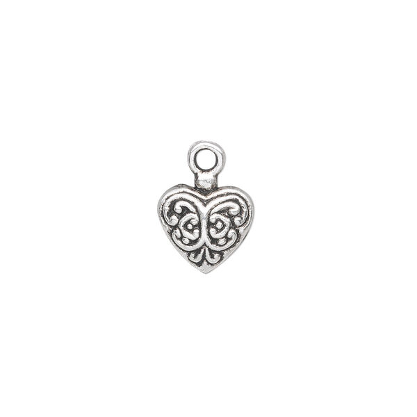 Charm, antique silver-plated "pewter" (zinc-based alloy), 11x10mm single-sided fancy puffed heart. Sold per pkg of 10. image number 0