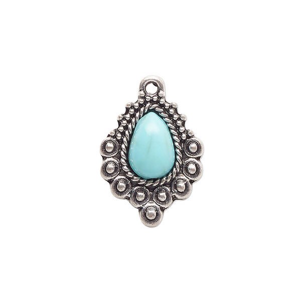 Drop, antique silver-finished "pewter" (zinc-based alloy) and "turquoise" (resin) (imitation), turquoise blue, 20x15mm single-sided teardrop. Sold per pkg of 4. image number 0