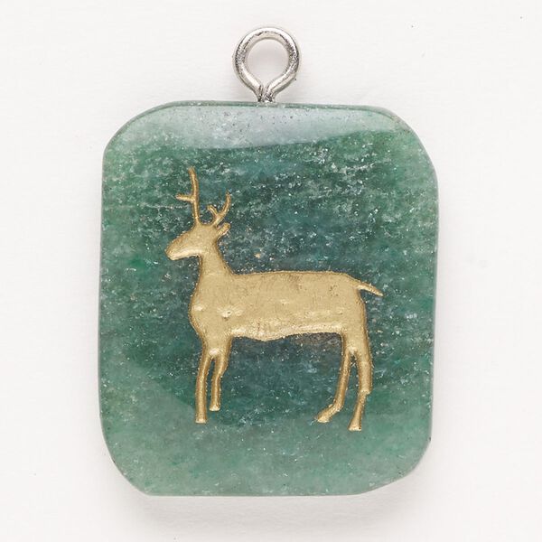 Focal, steel/green aventurine (natural)/enamel, pkg/1, silver finish/dark/gold, 30x24mm-39x27mm single-sided puffed freeform with deer, B grade. image number 0