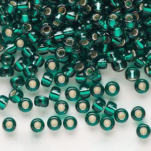 Seed bead, Miyuki, glass, pkg/250g, #6 rocaille, transparent silver-lined emerald green (RR-17).