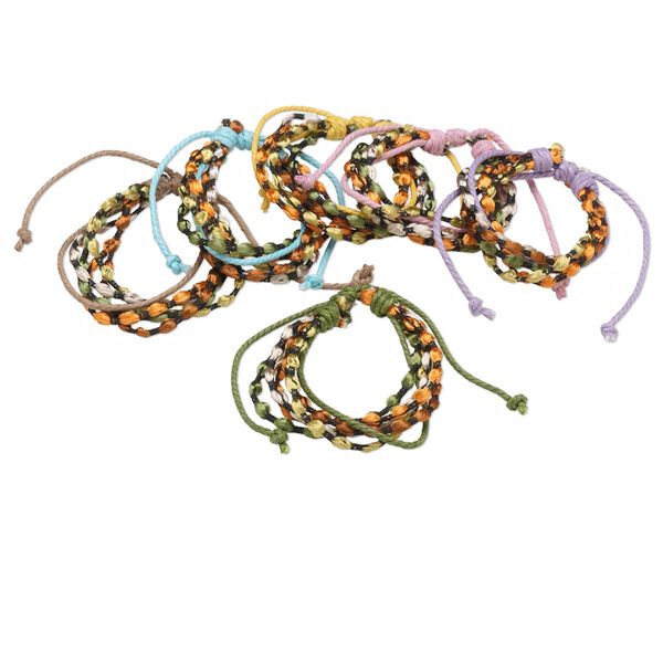 Bracelet mix, nylon and waxed cotton cord, mixed colors, 16mm wide, adjustable from 6-1/2 to 8-1/2 inches with knot closure. Sold per pkg of 6. image number 0