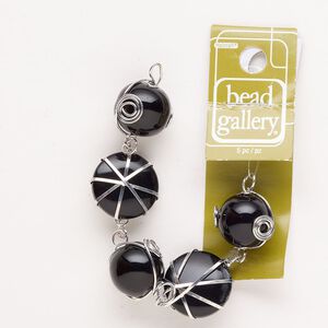 Component, glass and silver-finished steel, black, 20.5mm round and 20.5mm puffed flat round. Sold per 4-inch strand, approximately 5 components.