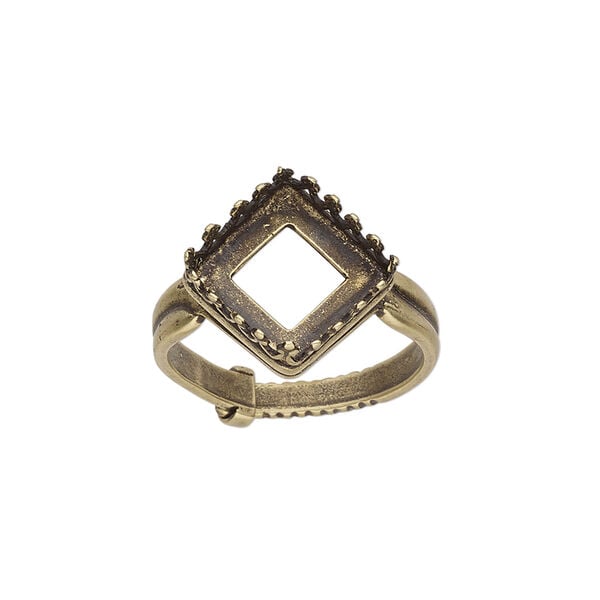 Ring 1pkg1, JBB Findings, antique brass, 15.5mm wide with decorative trim and 10x10mm square bezel setting, adjustable from size 8-11. image number 0