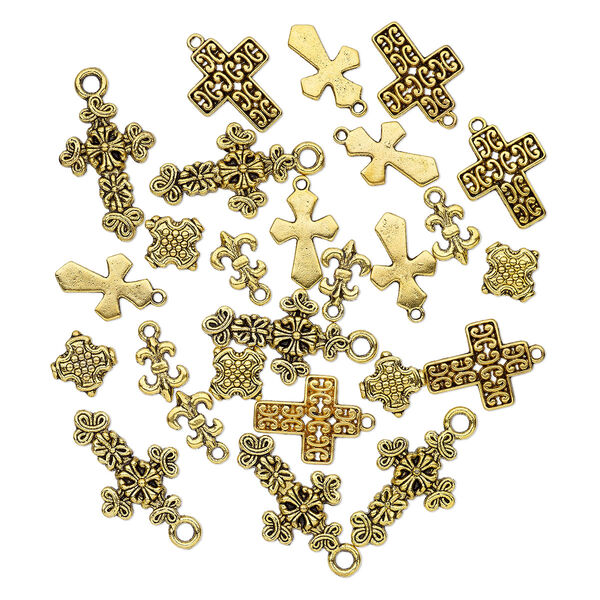 Bead and drop, antique gold-finished "pewter" (zinc-based alloy), 12x9mm-26x17mm single- and double-sided assorted cross. Sold per pkg of 25. image number 0