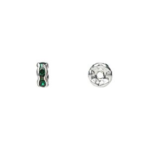 Bead, glass rhinestone and silver-plated brass, emerald green, 6x3mm rondelle. Sold per pkg of 10.