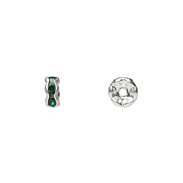 Bead, glass rhinestone and silver-plated brass, emerald green, 6x3mm rondelle. Sold per pkg of 10. image number 0