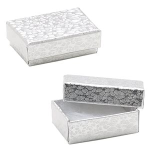 Box, paper, "cotton"-filled, silver, 1-7/8 x 1-1/4 x 5/8 inch rectangle. Sold per pkg of 10.