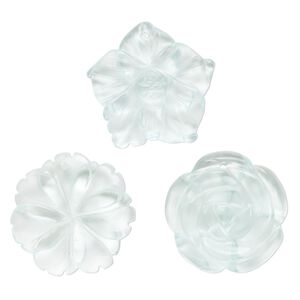 Drop mix, glass, transparent light blue, 30x25mm-30x31mm top-drilled carved flower. Sold per pkg of 3.