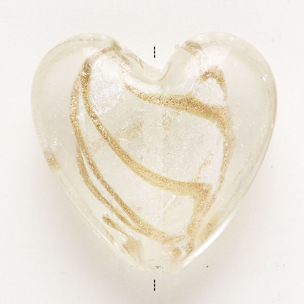 Bead, lampworked glass, pkg/1, opaque and translucent clear with silver-colored foil and copper-colored glitter, 34-36mm puffed heart. image number 0