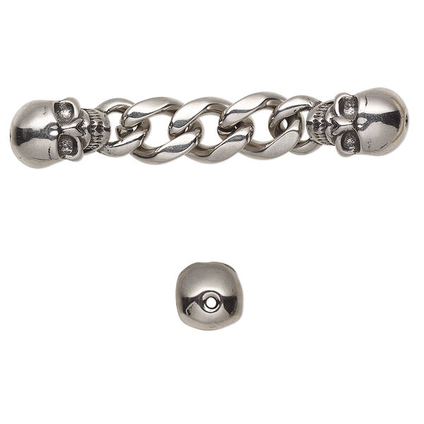 Focal, antiqued stainless steel, 53x9mm with 12.5x9mm skull and 8.8mm curb chain with 2 holes. Sold individually. image number 0