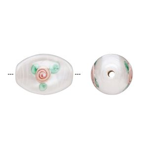 Bead, Czech lampworked glass, opaque white / pink / green, 15x10mm-16x11mm olive with flower design. Sold per pkg of 2.
