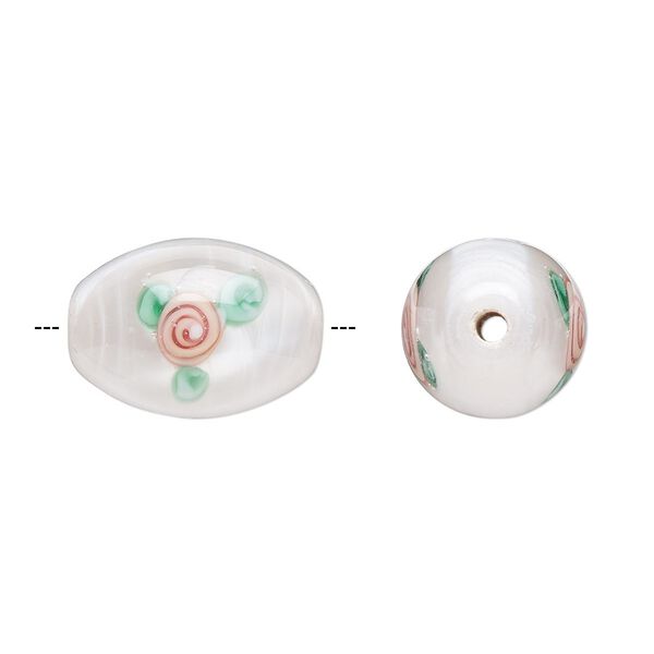 Bead, Czech lampworked glass, opaque white / pink / green, 15x10mm-16x11mm olive with flower design. Sold per pkg of 2. image number 0