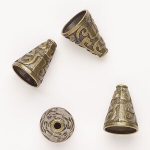 Cone, "pewter" (zinc-based alloy), pkg/4, 22x16mm textured with scrolls, antique brass finish.