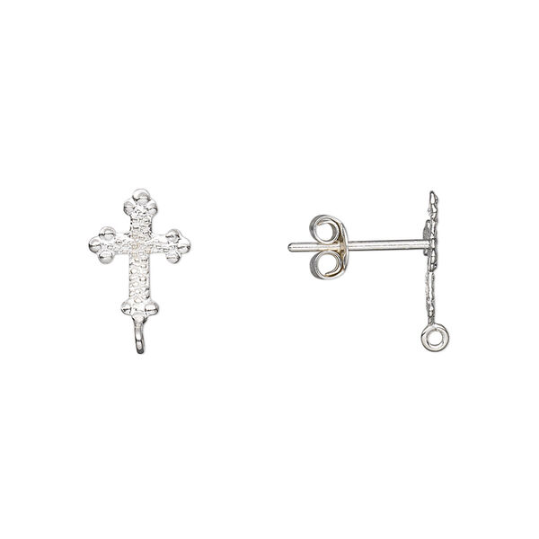 Earstud, sterling silver, 11x8mm cross with closed loop. Sold per pair. image number 0