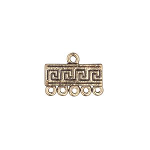 End bar, antique gold-finished "pewter" (zinc-based alloy), 17x6mm single-sided rectangle with Greek key design and 5 loops. Sold per pkg of 10.