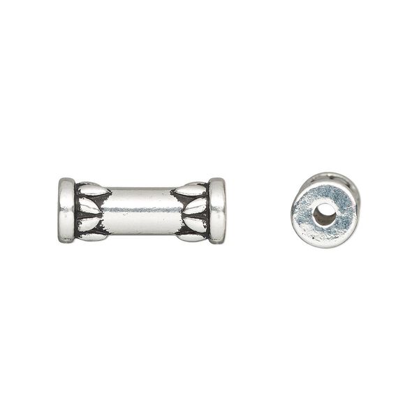 Bead, TierraCast®, "Soulful Spirit" collection, antique silver-plated pewter (tin-based alloy), 15x6mm tube with lotus design. Sold per pkg of 2. image number 0