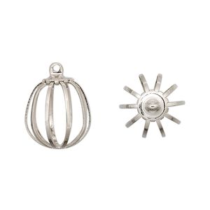 Drop, imitation nickel-plated steel and brass, 15x13mm oval cage. Sold per pkg of 20.