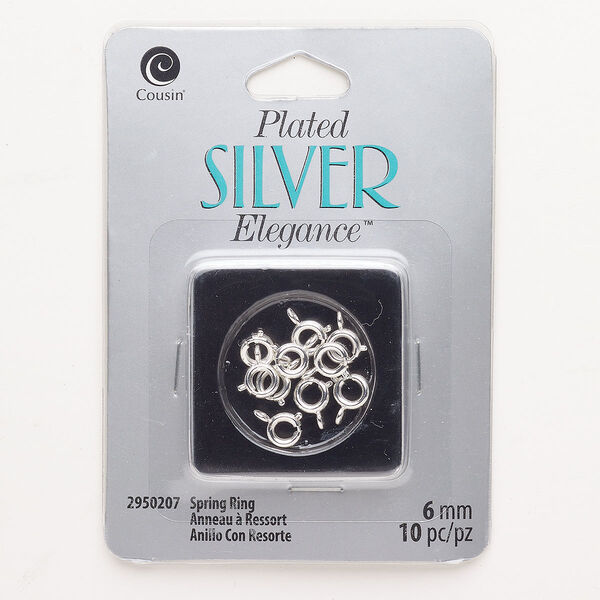 Clasp, springring, "pewter" (zinc-based alloy), pkg/10, silver finish, 6mm round. image number 0