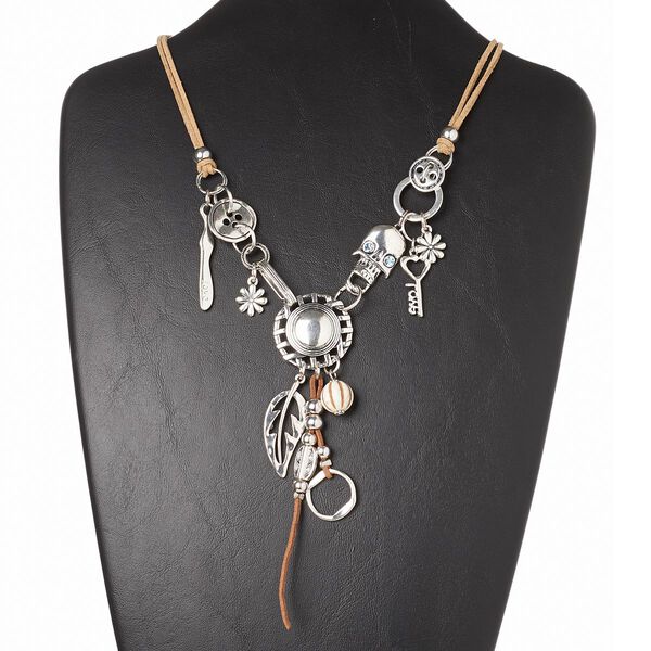 Necklace, magnesite (dyed / stabilized) / faux suede / glass rhinestone / silver-coated plastic / antique silver-plated brass / "pewter" (zinc-based alloy), tan and blue, 5-1/2 inch dangle, 20 inches with 3-inch extender chain and lobster claw clasp. Sold individually. image number 0