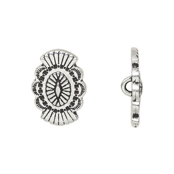 Button, TierraCast®, "Western Winds" collection, antique silver-plated pewter (tin-based alloy), 20x14mm with concho design and loop. Sold per pkg of 20. image number 0