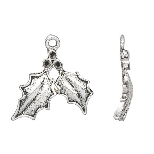 Charm, antique silver-plated "pewter" (zinc-based alloy), 25x19mm single-sided holly leaves with (3) PP15 settings. Sold per pkg of 10. image number 0