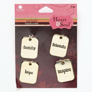 Drop mix, antique gold-finished "pewter" (zinc-based alloy), 25x20mm single-sided rounded rectangle with "family," "friends," "hope" and "inspire." Sold per pkg of 4.