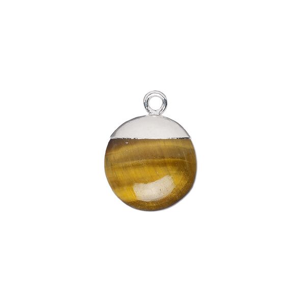 Tigereye / sterling silver 1pkg1, electroplated hand-cut puffed flat round drop natural 12mm image number 0