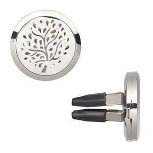 Gift, car vent clip, stainless steel and plastic, black, 30x29mm hinged round with cutout tree design and 4 prongs. Sold individually.
