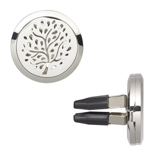 Gift, car vent clip, stainless steel and plastic, black, 30x29mm hinged round with cutout tree design and 4 prongs. Sold individually. image number 0