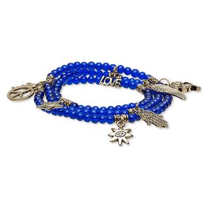 Bracelet, stretch wrap, glass and antique gold-finished "pewter" (zinc-based alloy), cobalt, 14mm wide with assorted shape, 6-1/2 inches. Sold individually.