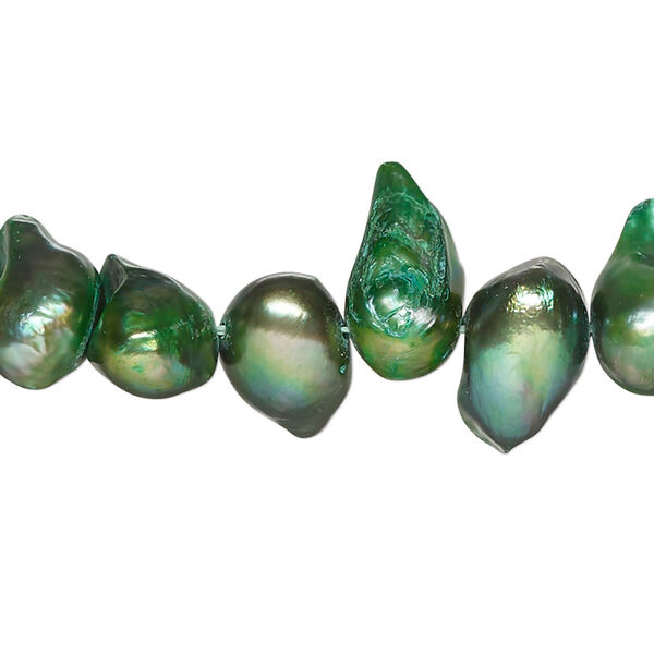 Pearl, cultured freshwater (dyed), forest green, 6mm-17x10mm baroque with 0.4mm hole, D grade, Mohs hardness 2-1/2 to 4. Sold per 15-inch strand. image number 0