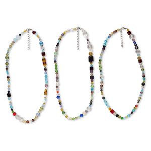 Necklace mix, glass and silver-finished steel, multicolored, 4x4mm-20x12mm mixed shape, 18 inches with 2-inch extender chain and lobster claw clasp. Sold per pkg of 3.